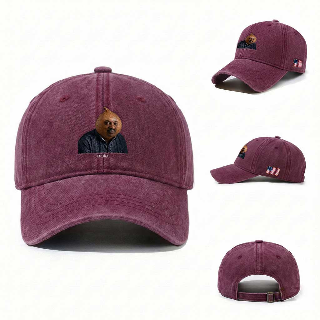 Viral Sonion Surreal Meme Washed Cotton Baseball Cap Funny Crying Onion Man Aesthetic Joke TS02 Washed Cap Universal Fit Burgundy Print Your Wear