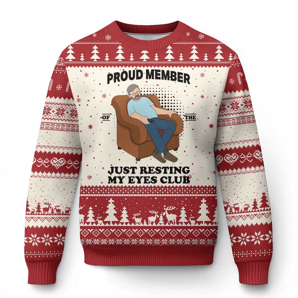 Funny Napping Dad Sleepy Grandpas and Fathers Ugly Christmas Sweater Proud Member Of The Just Resting My Eyes Club Armchair Cartoon Graphic TS02 Beige Red Print Your Wear
