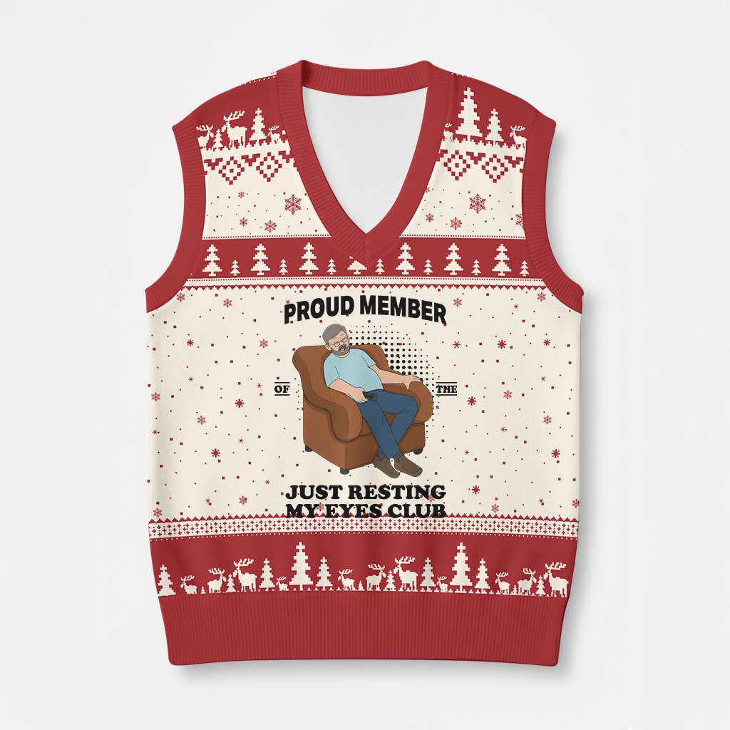 Funny Napping Dad Sleepy Grandpas and Fathers V-Neck Knit Sweater Vest Proud Member Of The Just Resting My Eyes Club Armchair Cartoon Graphic TS02 Beige Red Print Your Wear
