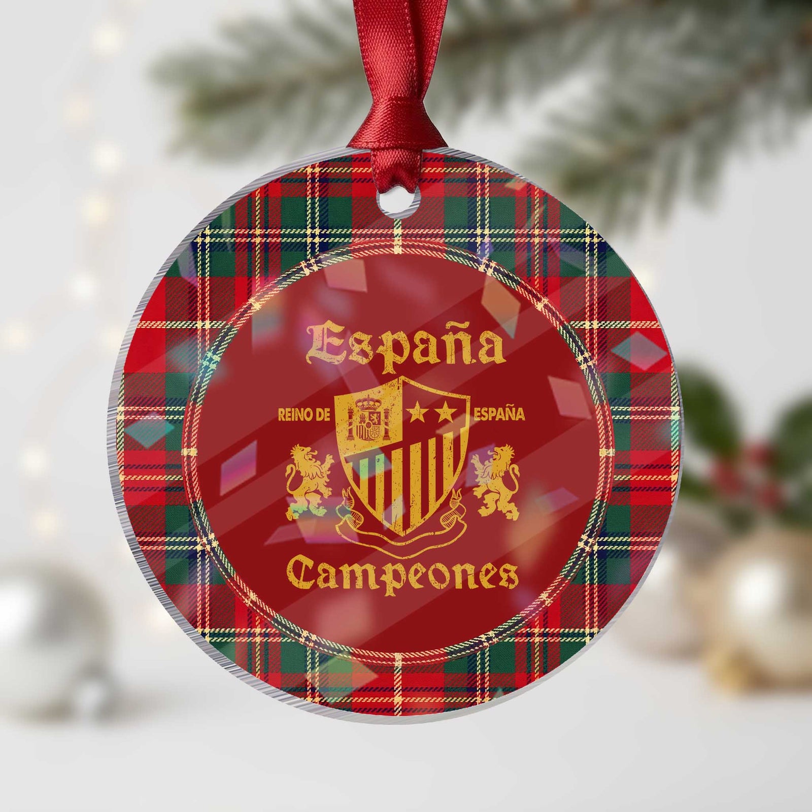 Reino De Espana Campeones Crest Graphic Holographic Acrylic Ornament Vintage Spain Champions 2 Stars Spanish Pride Sports Fan