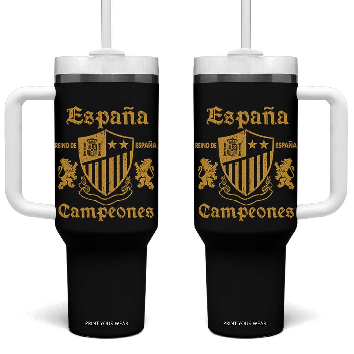 Reino De Espana Campeones Crest Graphic Tumbler With Handle Vintage Spain Champions 2 Stars Spanish Pride Sports Fan TS02 One Size: 40 oz Black Print Your Wear