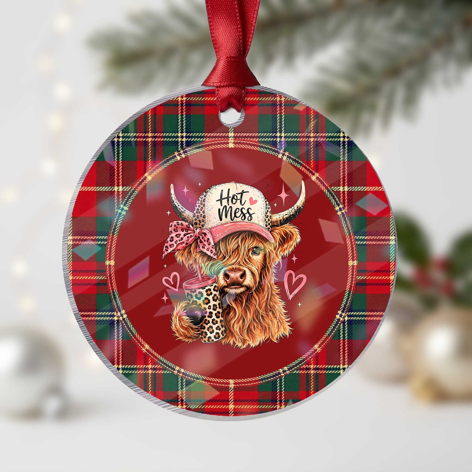 Hot Mess Highland Cow Pink Leopard Coquette Holographic Acrylic Ornament Cute Western Country Mom Life