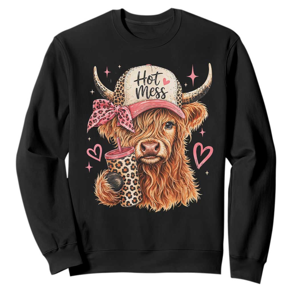 Hot Mess Highland Cow Pink Leopard Coquette Sweatshirt Cute Western Country Mom Life TS02 Black Print Your Wear