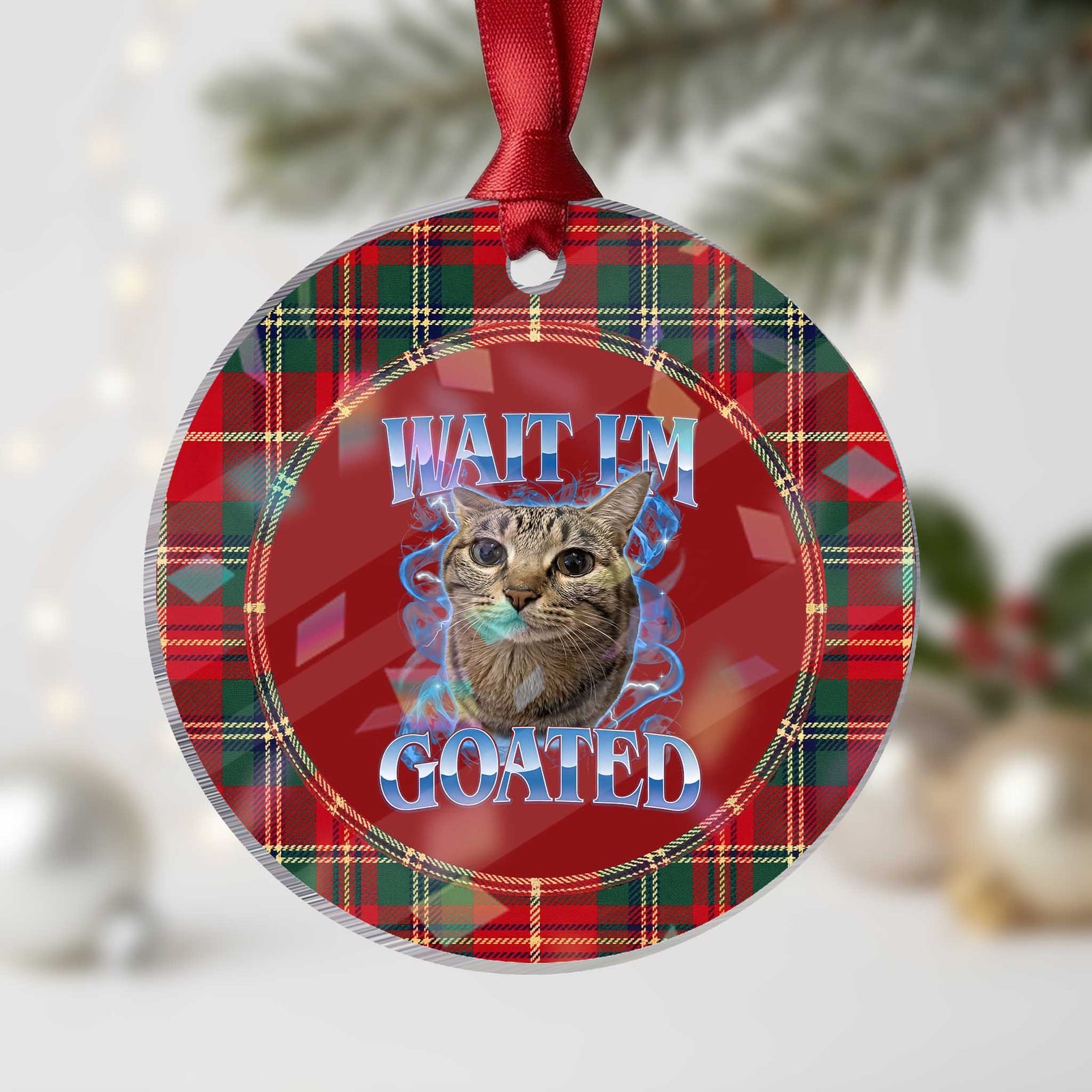 Funny Cat Blue Flame Y2K Bootleg Meme Graphic Holographic Acrylic Ornament Wait Im Goated Retro Internet Culture Humor