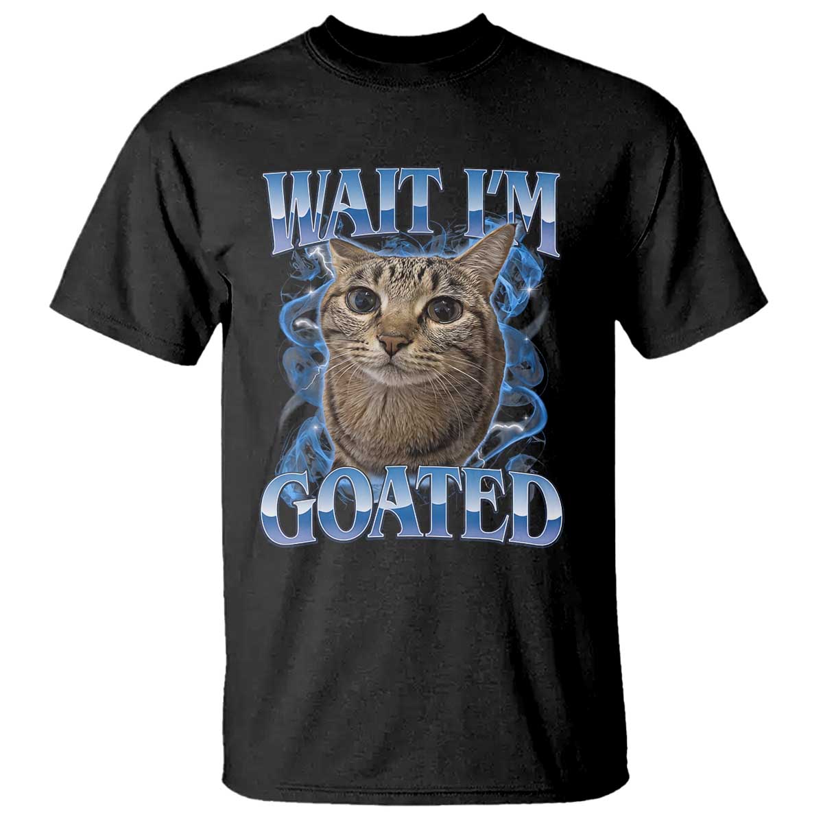 Funny Cat Blue Flame Y2K Bootleg Meme Graphic T Shirt Wait Im Goated Retro Internet Culture Humor TS02 Black Print Your Wear