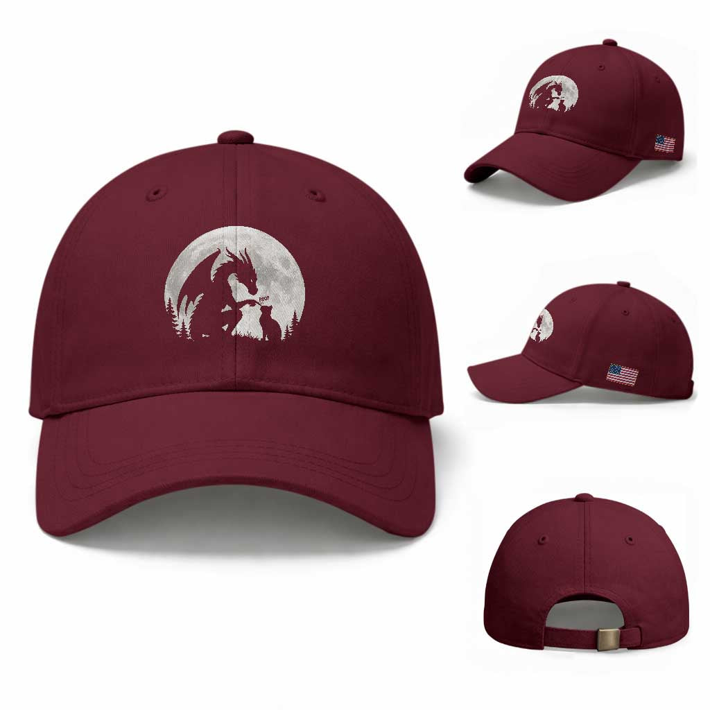 Dragon Boop Cat Full Moon Graphic Baseball Cap Cute Fantasy Animal RPG Gamers TS02 Baseball Cap Universal Fit Maroon Print Your Wear