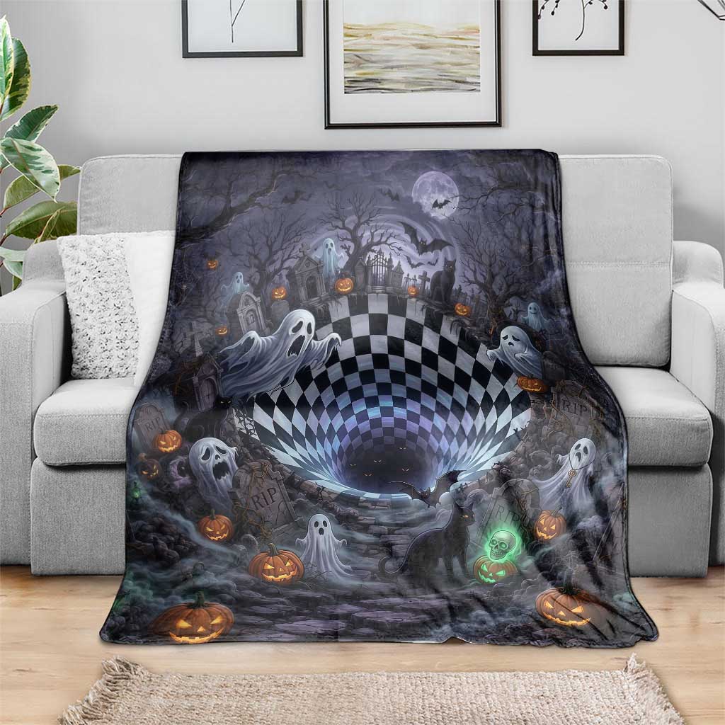 Horror Graveyard Ghosts Checkerboard Vortex 3D Halloween Optical Illusion Throw Blanket