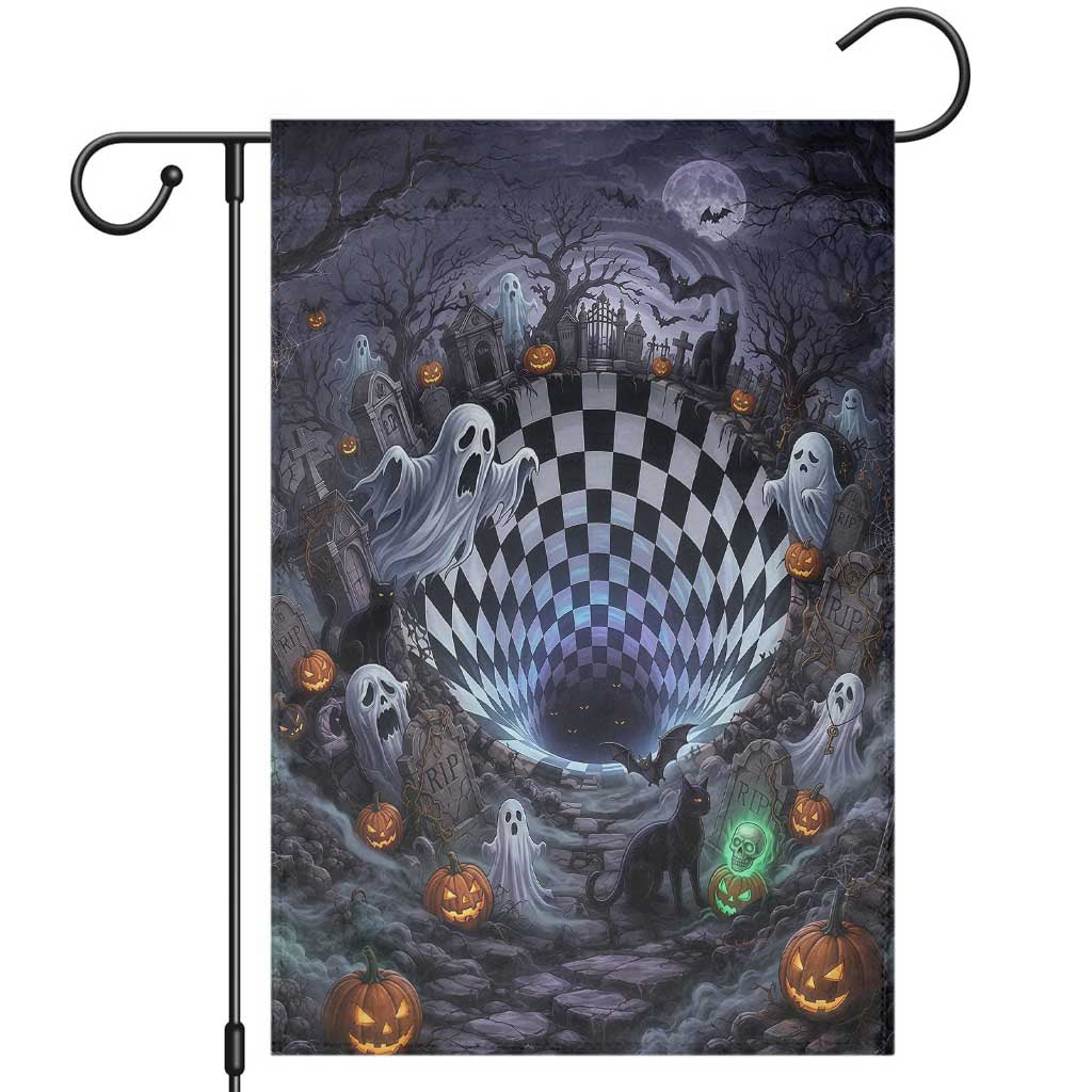 Horror Graveyard Ghosts Checkerboard Vortex 3D Halloween Optical Illusion Garden Flag