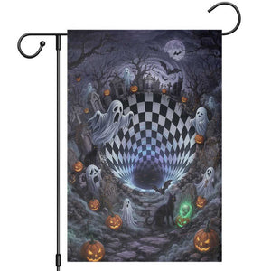 Horror Graveyard Ghosts Checkerboard Vortex 3D Halloween Optical Illusion Garden Flag