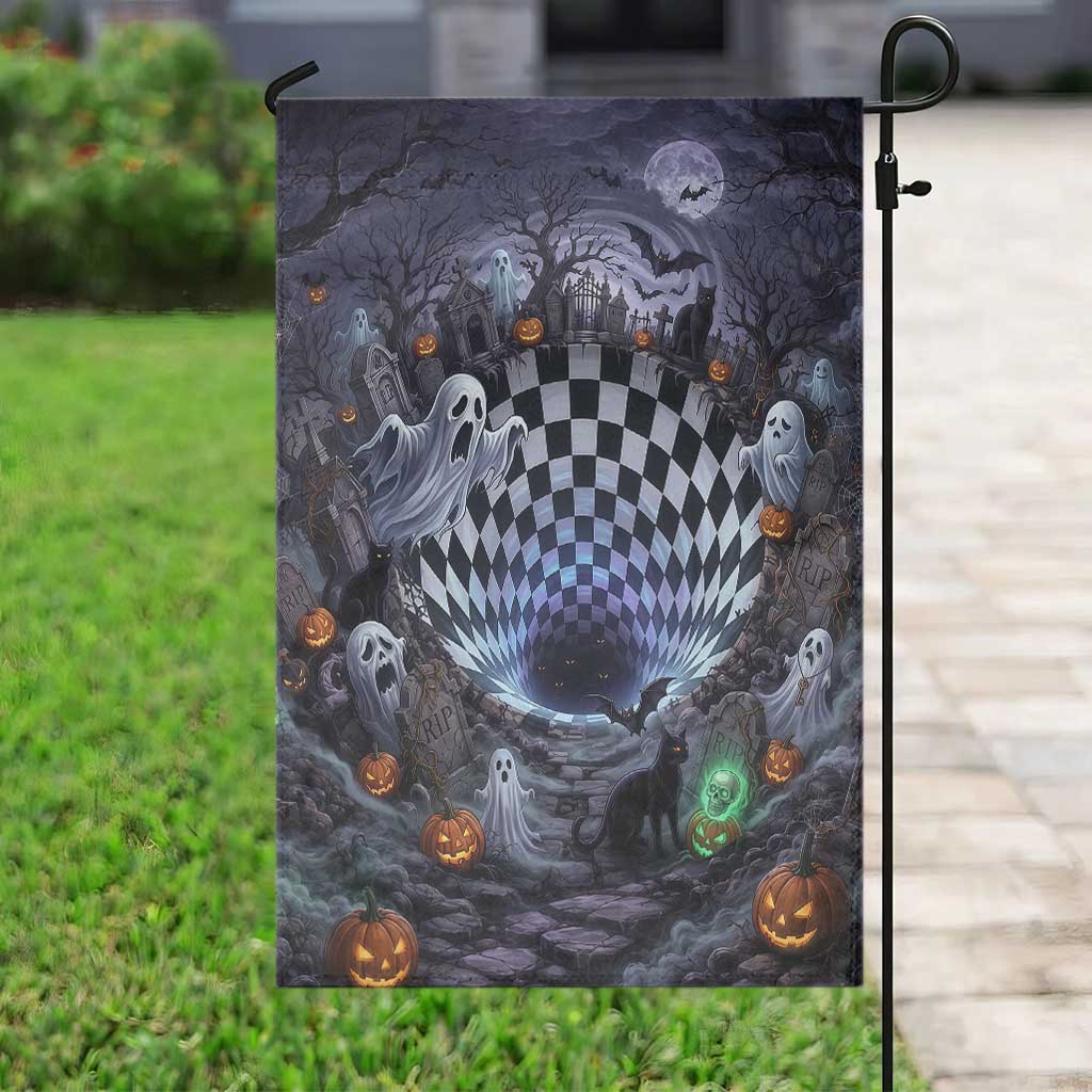 Horror Graveyard Ghosts Checkerboard Vortex 3D Halloween Optical Illusion Garden Flag