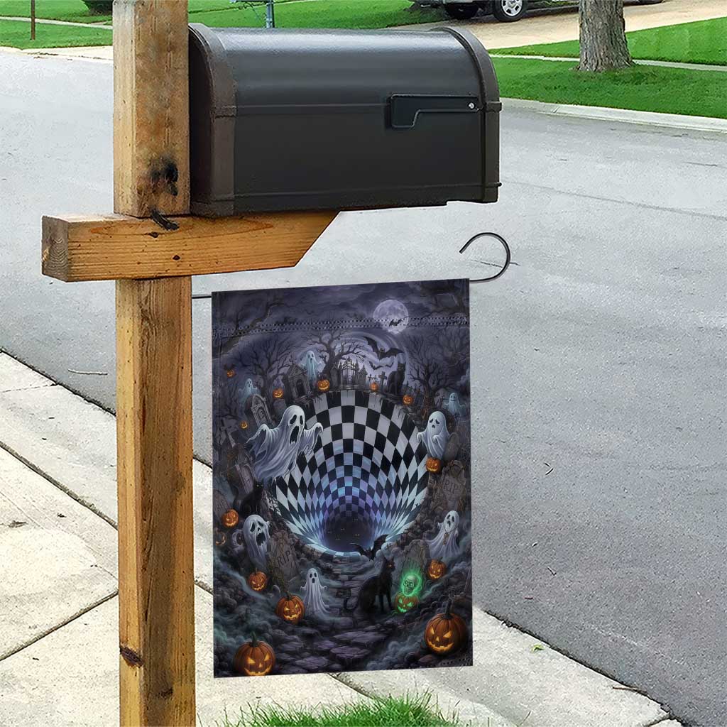 Horror Graveyard Ghosts Checkerboard Vortex 3D Halloween Optical Illusion Garden Flag