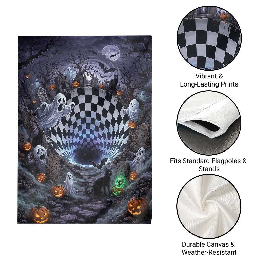 Horror Graveyard Ghosts Checkerboard Vortex 3D Halloween Optical Illusion Garden Flag