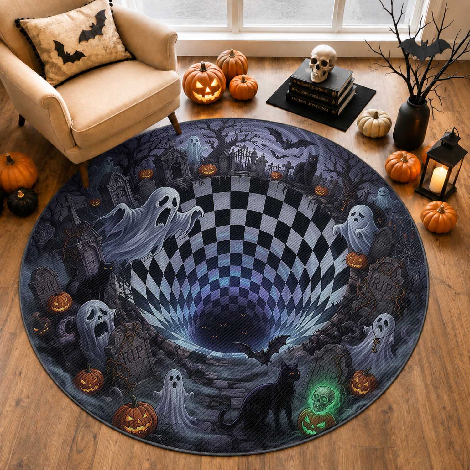 Horror Graveyard Ghosts Checkerboard Vortex 3D Halloween Optical Illusion Round Rug