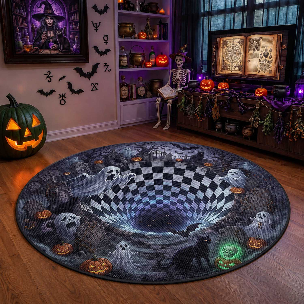 Horror Graveyard Ghosts Checkerboard Vortex 3D Halloween Optical Illusion Round Rug