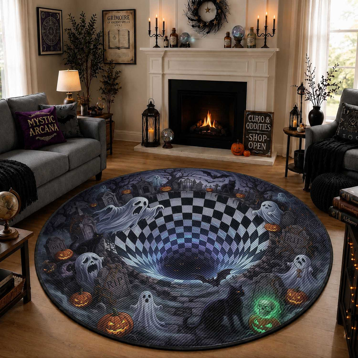 Horror Graveyard Ghosts Checkerboard Vortex 3D Halloween Optical Illusion Round Rug