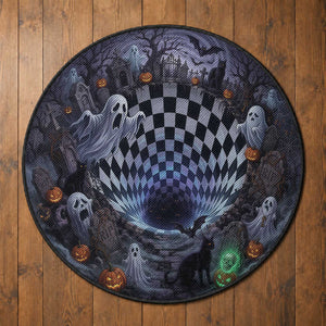 Horror Graveyard Ghosts Checkerboard Vortex 3D Halloween Optical Illusion Round Rug
