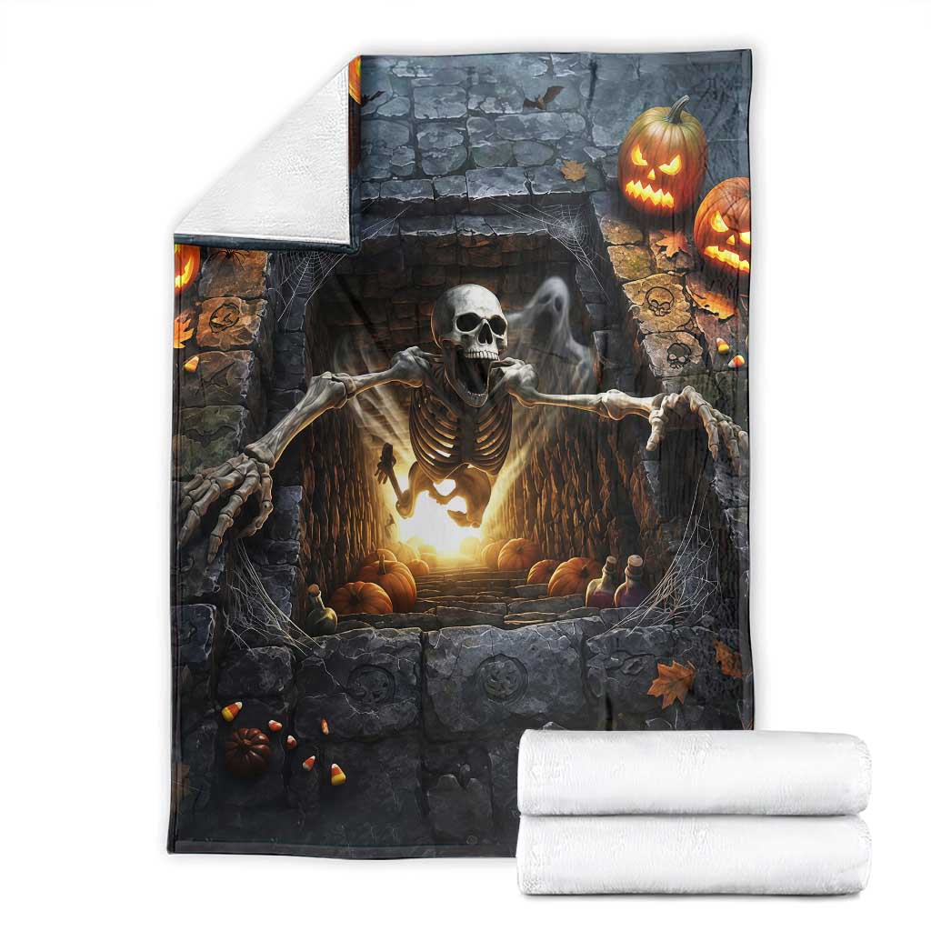 Screaming Skeleton Dungeon Pit 3D Halloween Optical Illusion Throw Blanket Spooky Glowing Pumpkin Graphic
