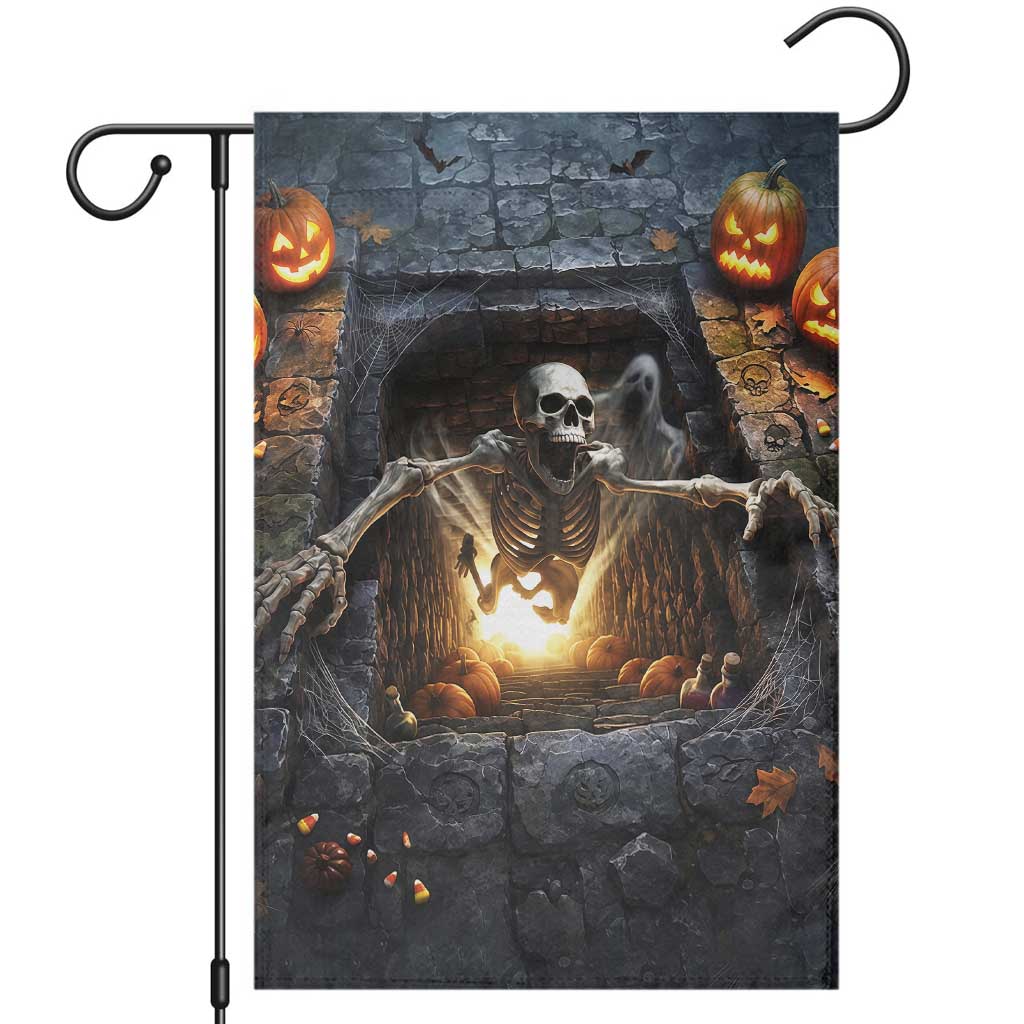 Screaming Skeleton Dungeon Pit 3D Halloween Optical Illusion Garden Flag Spooky Glowing Pumpkin Graphic