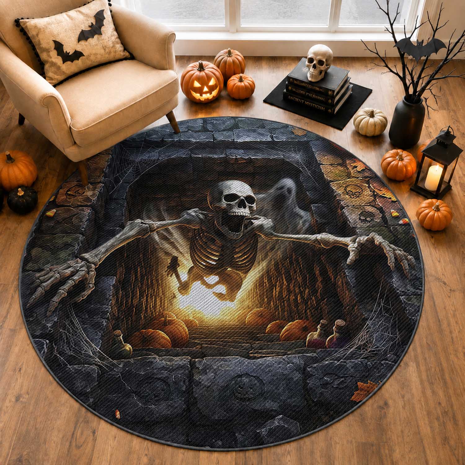 Screaming Skeleton Dungeon Pit 3D Halloween Optical Illusion Round Rug Spooky Glowing Pumpkin Graphic