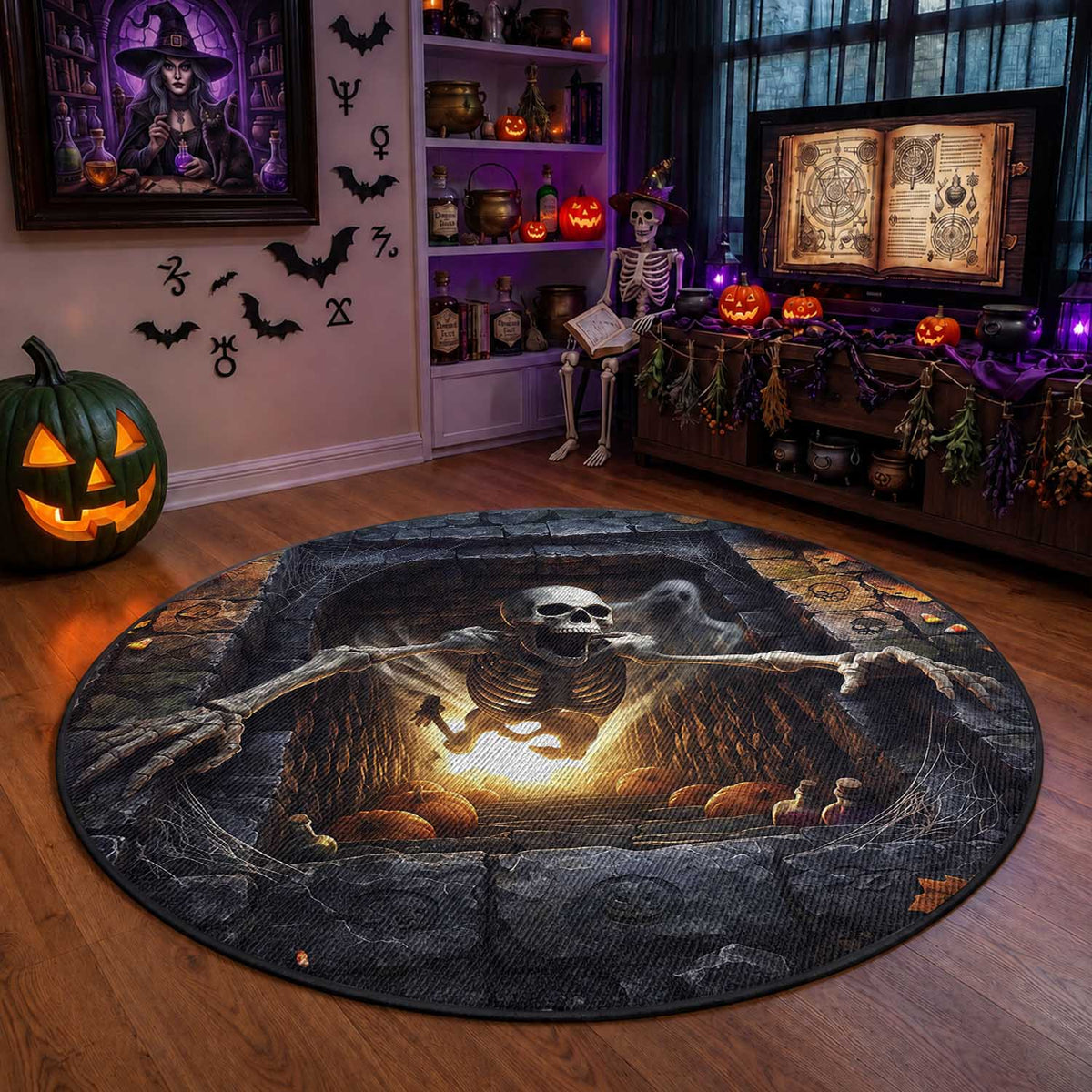 Screaming Skeleton Dungeon Pit 3D Halloween Optical Illusion Round Rug Spooky Glowing Pumpkin Graphic