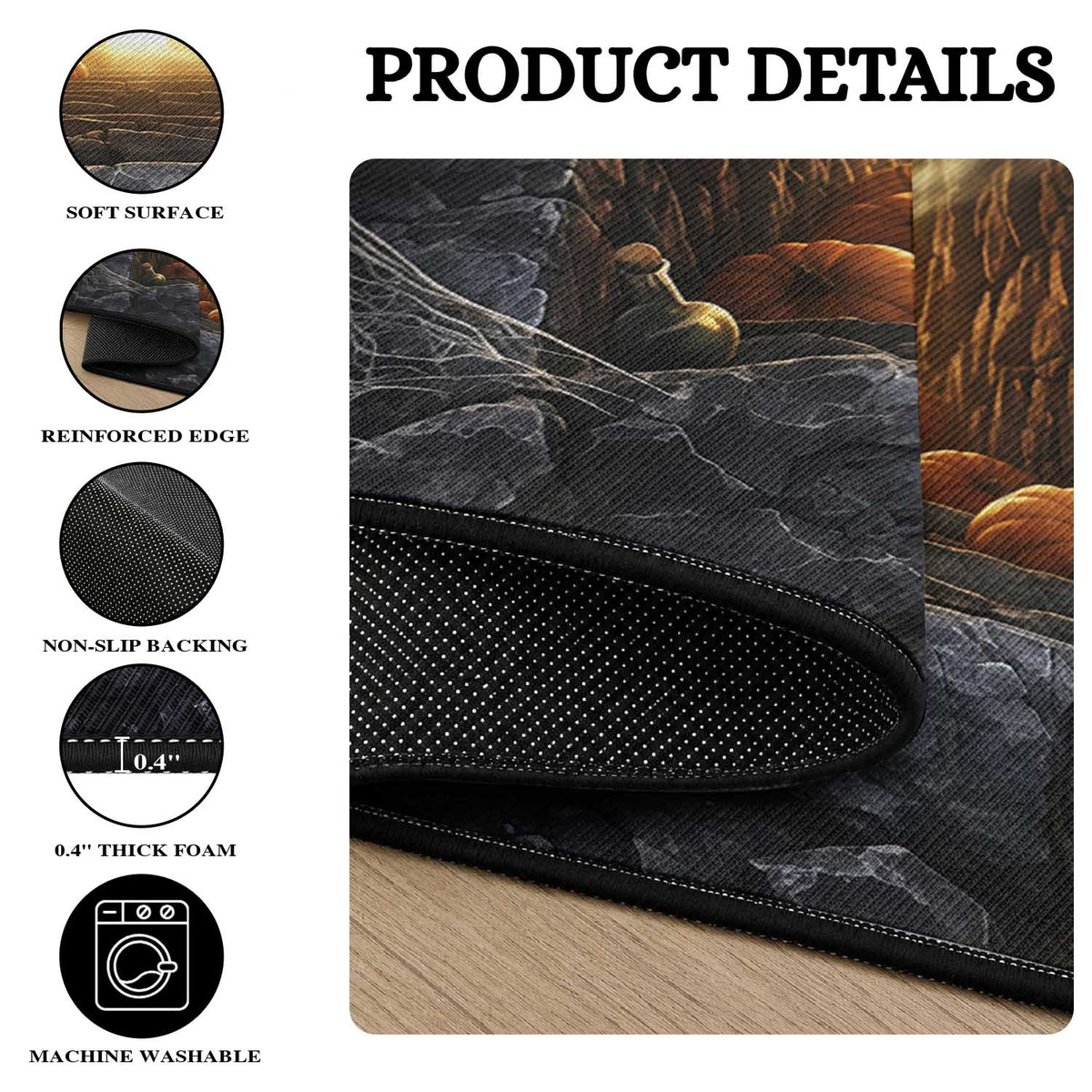 Screaming Skeleton Dungeon Pit 3D Halloween Optical Illusion Round Rug Spooky Glowing Pumpkin Graphic