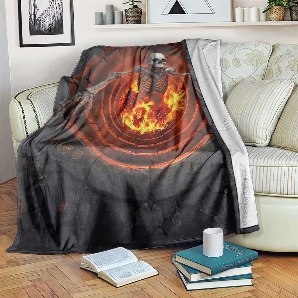 Screaming Skeleton from Fiery Pit 3D Halloween Optical Illusion Throw Blanket Spooky Gothic Horror Graphic
