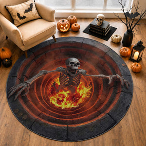 Screaming Skeleton from Fiery Pit 3D Halloween Optical Illusion Round Rug Spooky Gothic Horror Graphic