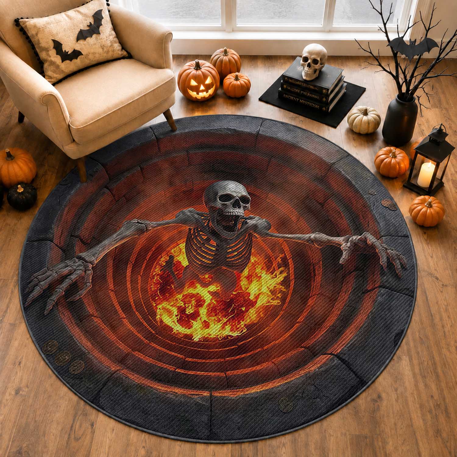 Screaming Skeleton from Fiery Pit 3D Halloween Optical Illusion Round Rug Spooky Gothic Horror Graphic