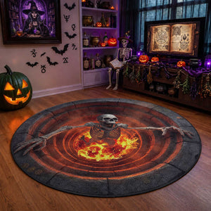 Screaming Skeleton from Fiery Pit 3D Halloween Optical Illusion Round Rug Spooky Gothic Horror Graphic