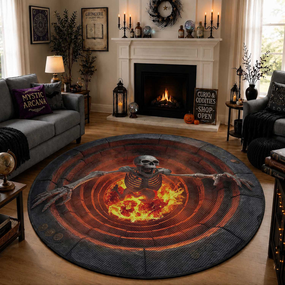 Screaming Skeleton from Fiery Pit 3D Halloween Optical Illusion Round Rug Spooky Gothic Horror Graphic