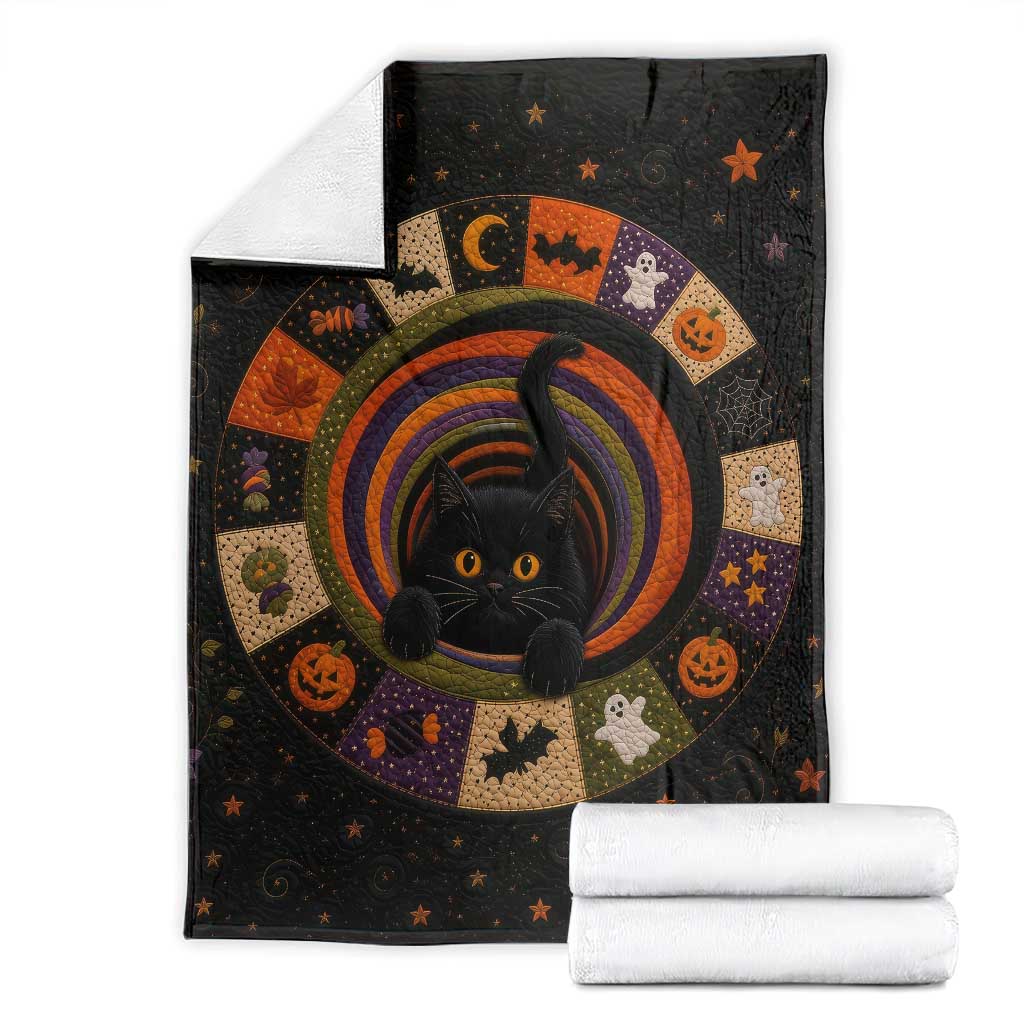 Cute Black Cat Patchwork Quilt Vortex 3D Halloween Optical Illusion Throw Blanket