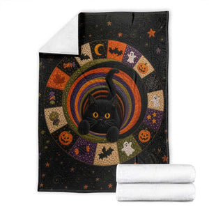 Cute Black Cat Patchwork Quilt Vortex 3D Halloween Optical Illusion Throw Blanket