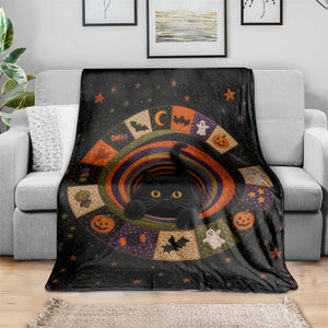 Cute Black Cat Patchwork Quilt Vortex 3D Halloween Optical Illusion Throw Blanket