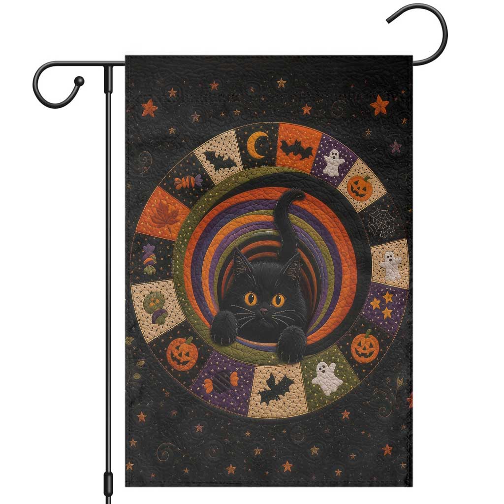 Cute Black Cat Patchwork Quilt Vortex 3D Halloween Optical Illusion Garden Flag