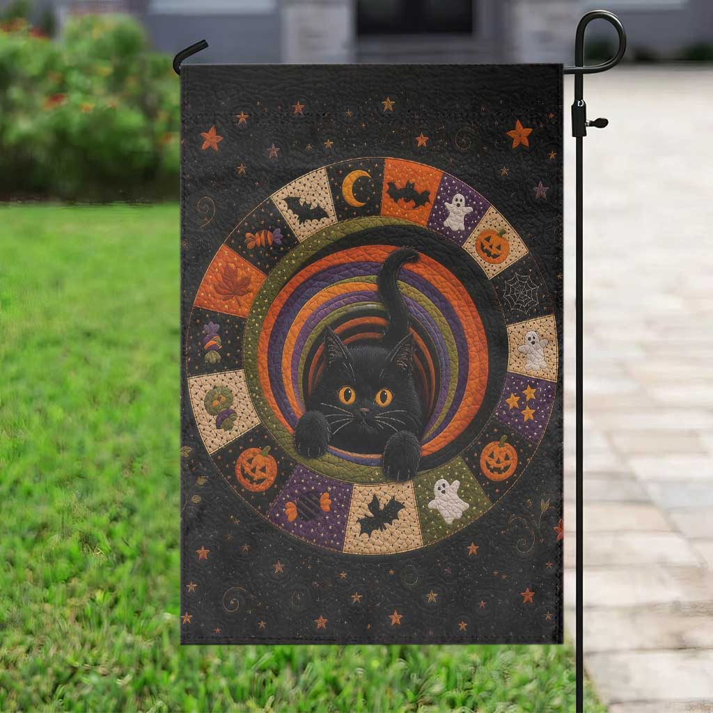 Cute Black Cat Patchwork Quilt Vortex 3D Halloween Optical Illusion Garden Flag