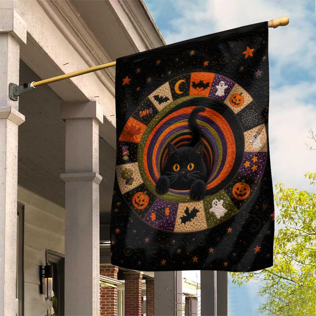 Cute Black Cat Patchwork Quilt Vortex 3D Halloween Optical Illusion Garden Flag