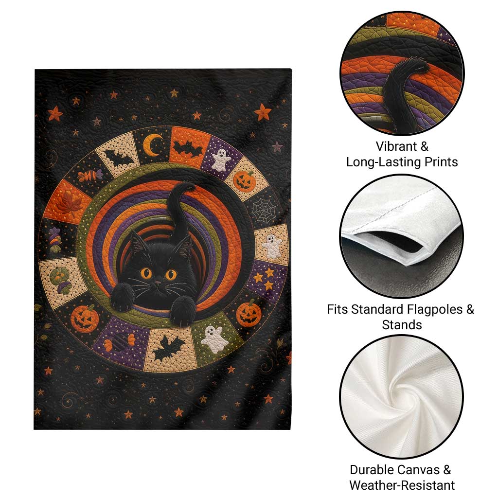 Cute Black Cat Patchwork Quilt Vortex 3D Halloween Optical Illusion Garden Flag