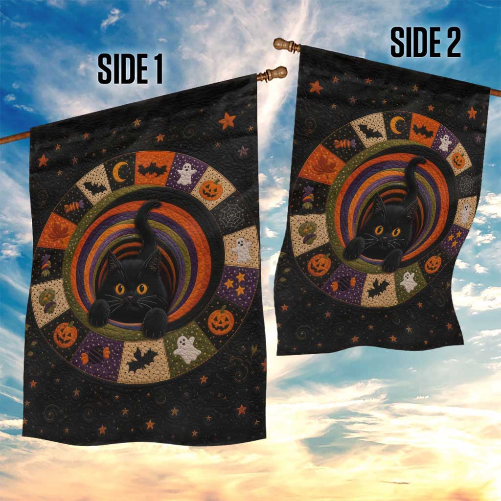 Cute Black Cat Patchwork Quilt Vortex 3D Halloween Optical Illusion Garden Flag