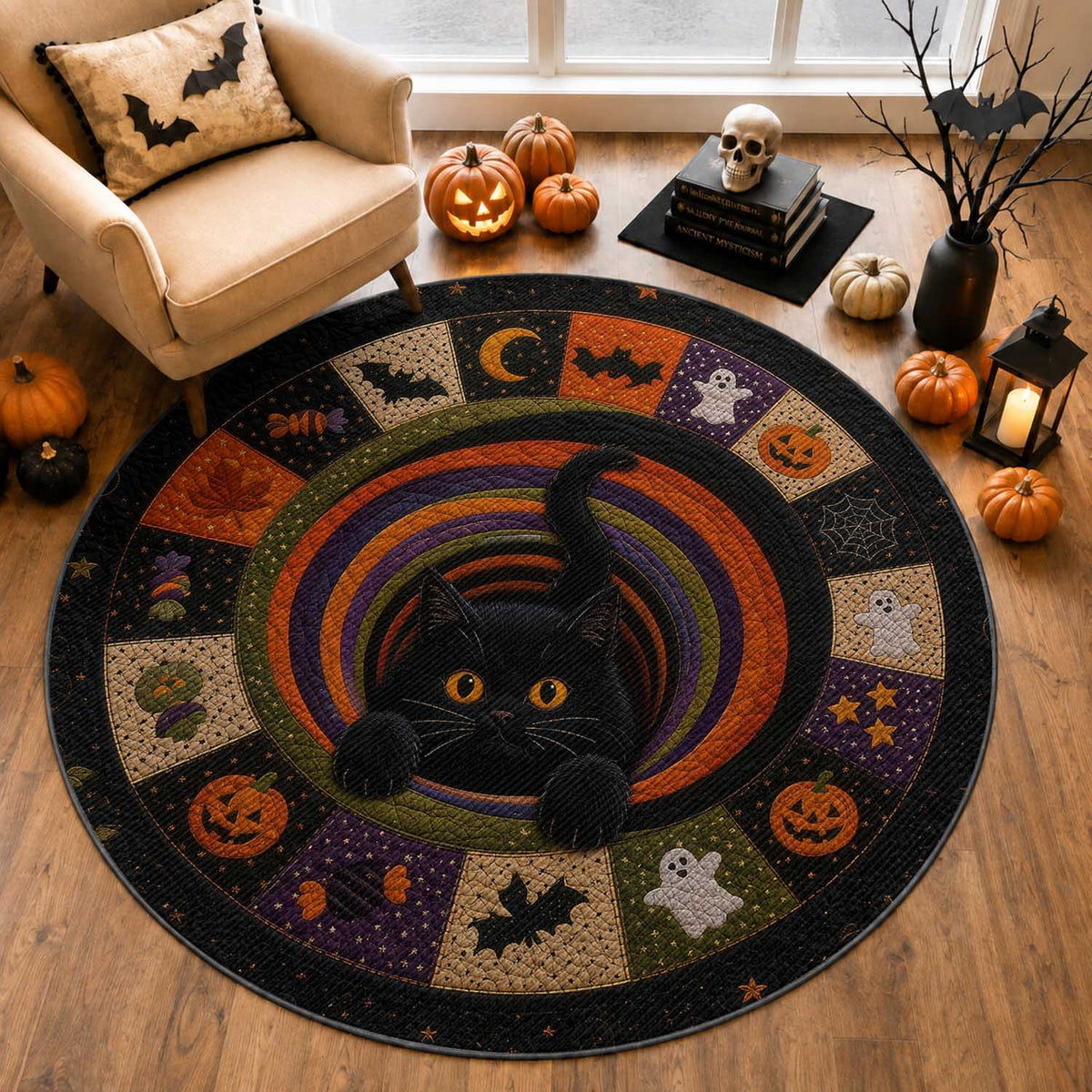 Cute Black Cat Patchwork Quilt Vortex 3D Halloween Optical Illusion Round Rug