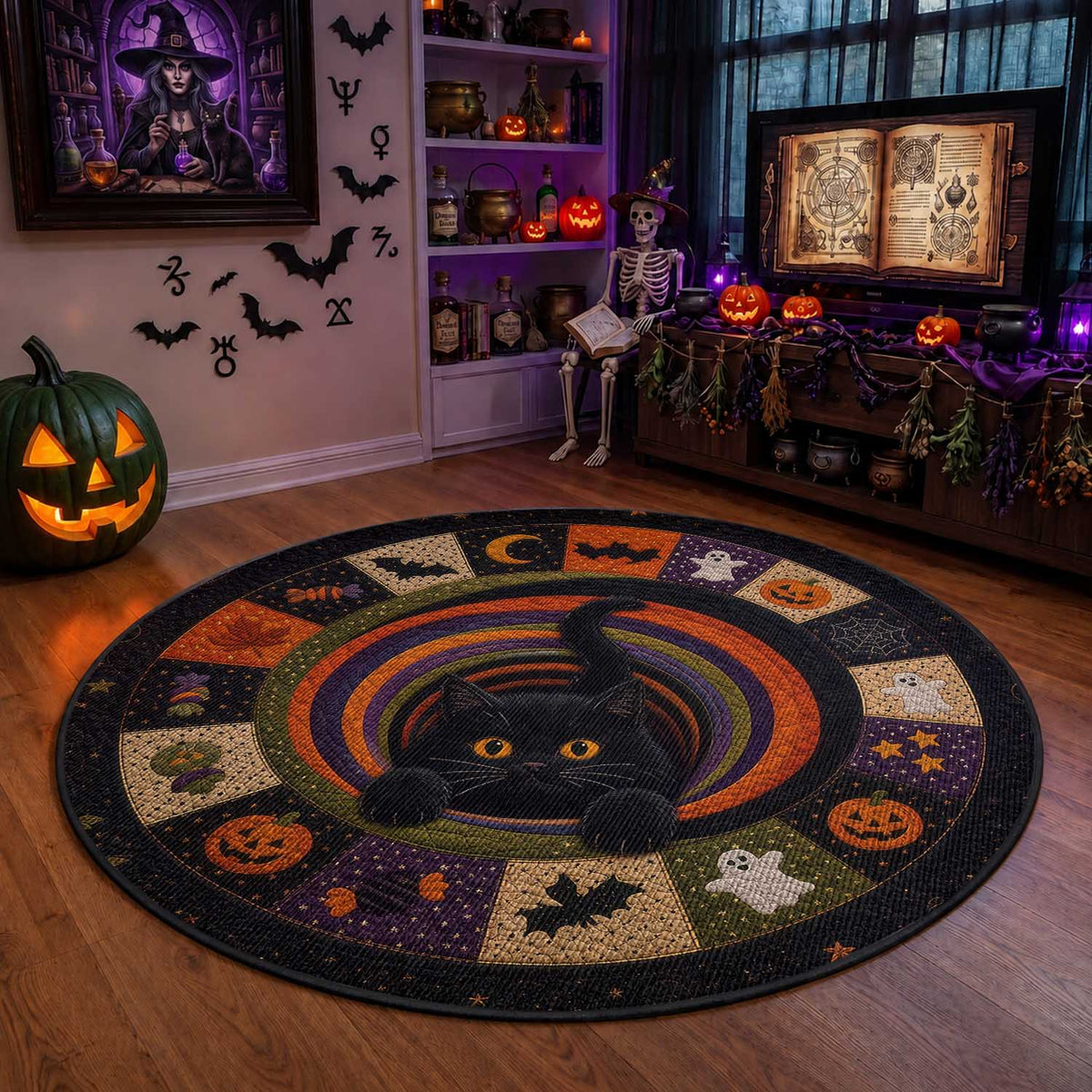 Cute Black Cat Patchwork Quilt Vortex 3D Halloween Optical Illusion Round Rug
