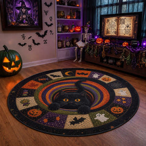 Cute Black Cat Patchwork Quilt Vortex 3D Halloween Optical Illusion Round Rug