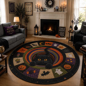 Cute Black Cat Patchwork Quilt Vortex 3D Halloween Optical Illusion Round Rug