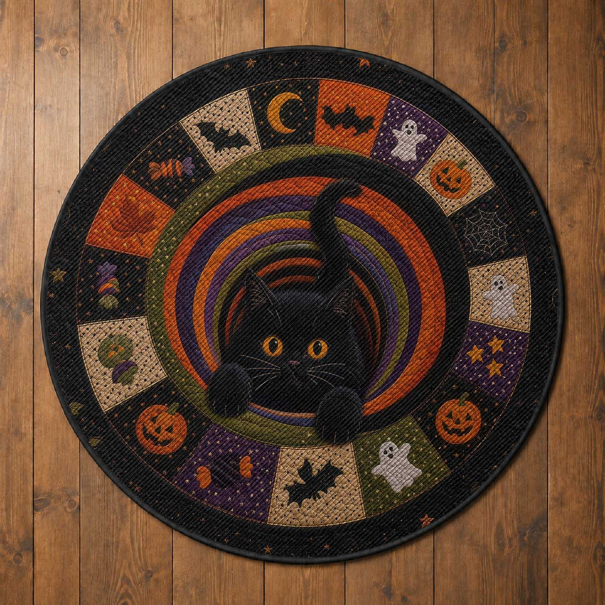 Cute Black Cat Patchwork Quilt Vortex 3D Halloween Optical Illusion Round Rug