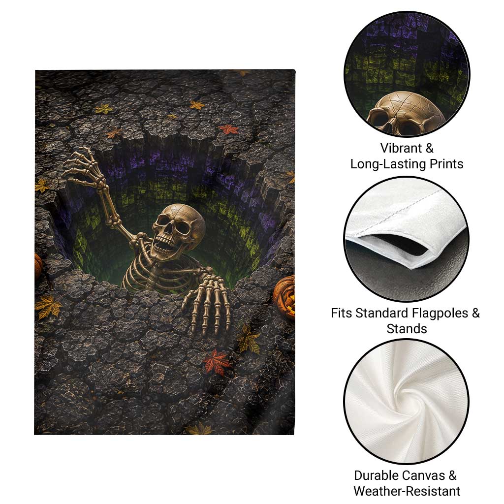 Skeleton Crawling Out Ground Pit 3D Halloween Optical Illusion Garden Flag Spooky Gothic Horror Graphic