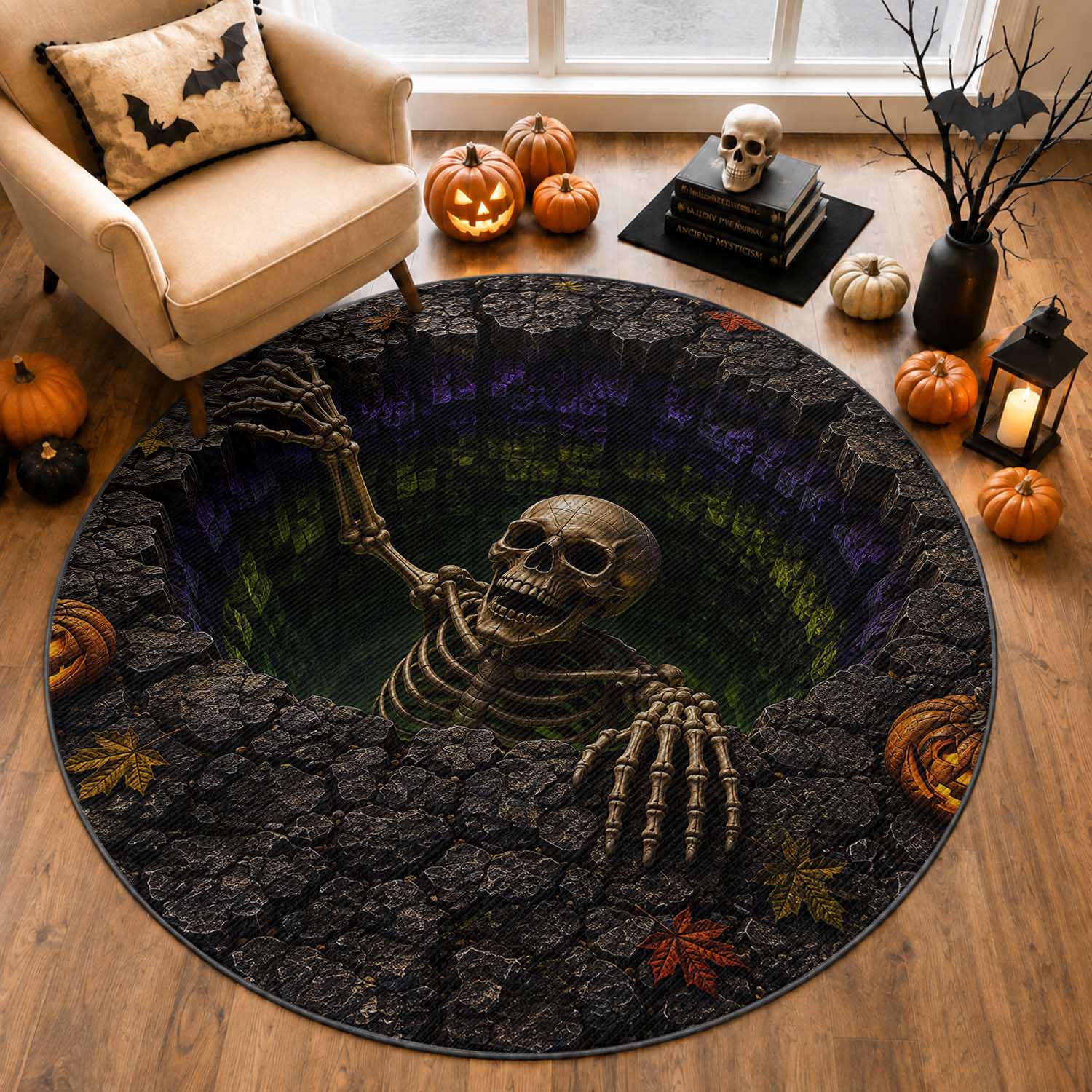 Skeleton Crawling Out Ground Pit 3D Halloween Optical Illusion Round Rug Spooky Gothic Horror Graphic