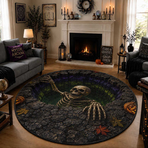 Skeleton Crawling Out Ground Pit 3D Halloween Optical Illusion Round Rug Spooky Gothic Horror Graphic