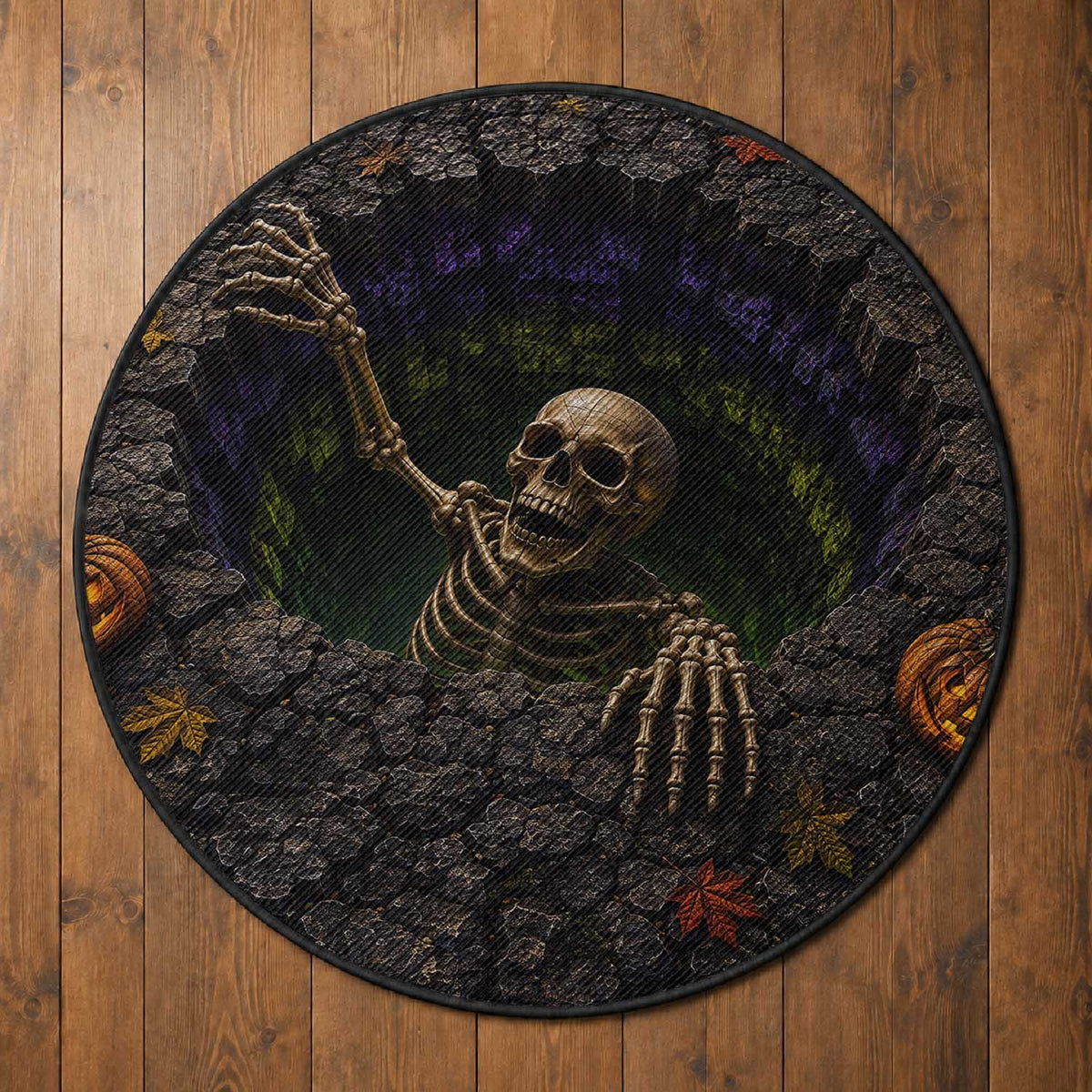 Skeleton Crawling Out Ground Pit 3D Halloween Optical Illusion Round Rug Spooky Gothic Horror Graphic