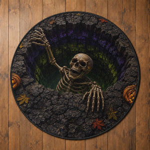 Skeleton Crawling Out Ground Pit 3D Halloween Optical Illusion Round Rug Spooky Gothic Horror Graphic