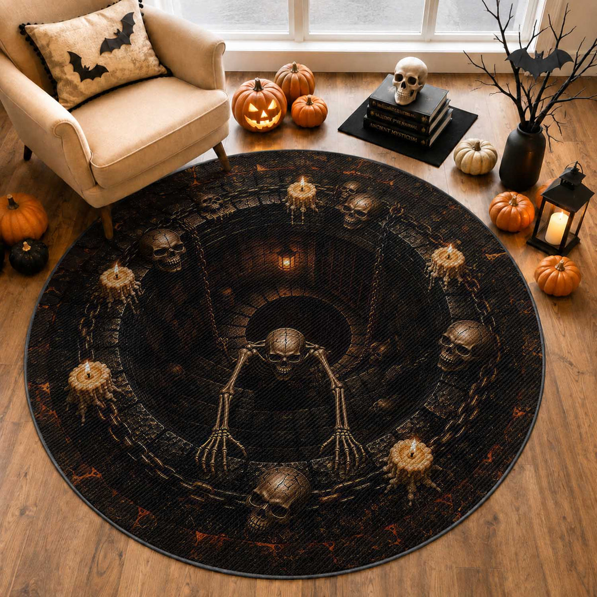 Spooky Halloween Skeleton Dungeon Pit 3D Optical Illusion Round Rug Candles Gothic Horror Graphic