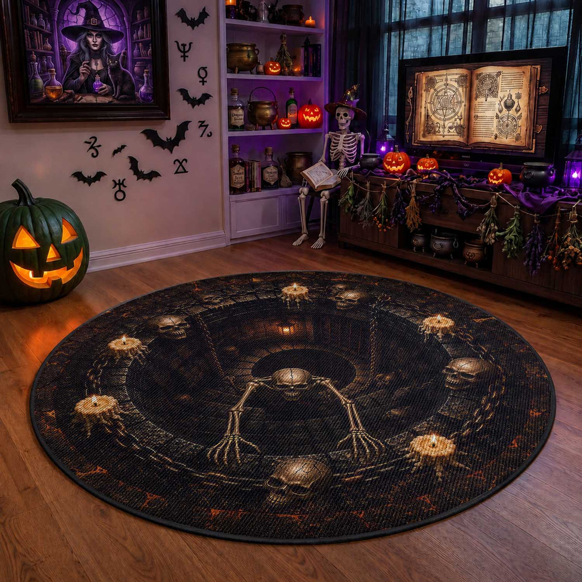Spooky Halloween Skeleton Dungeon Pit 3D Optical Illusion Round Rug Candles Gothic Horror Graphic